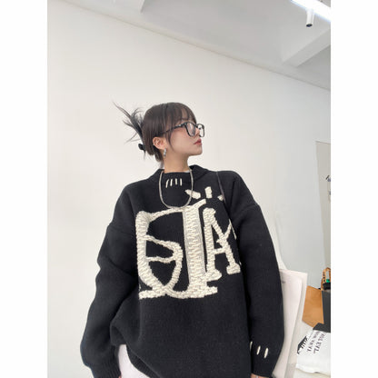 Waste wood women winter heavy embroidered thickened round neck sweater loose casual top