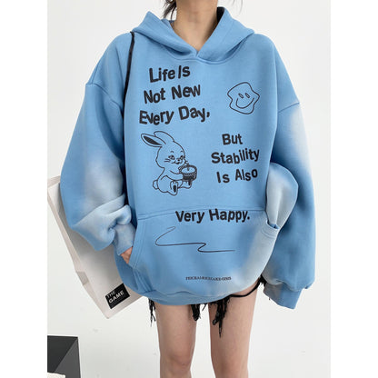 Hoodies unisex couple tops oversize distressed printed blue hooded sweatshirt for women