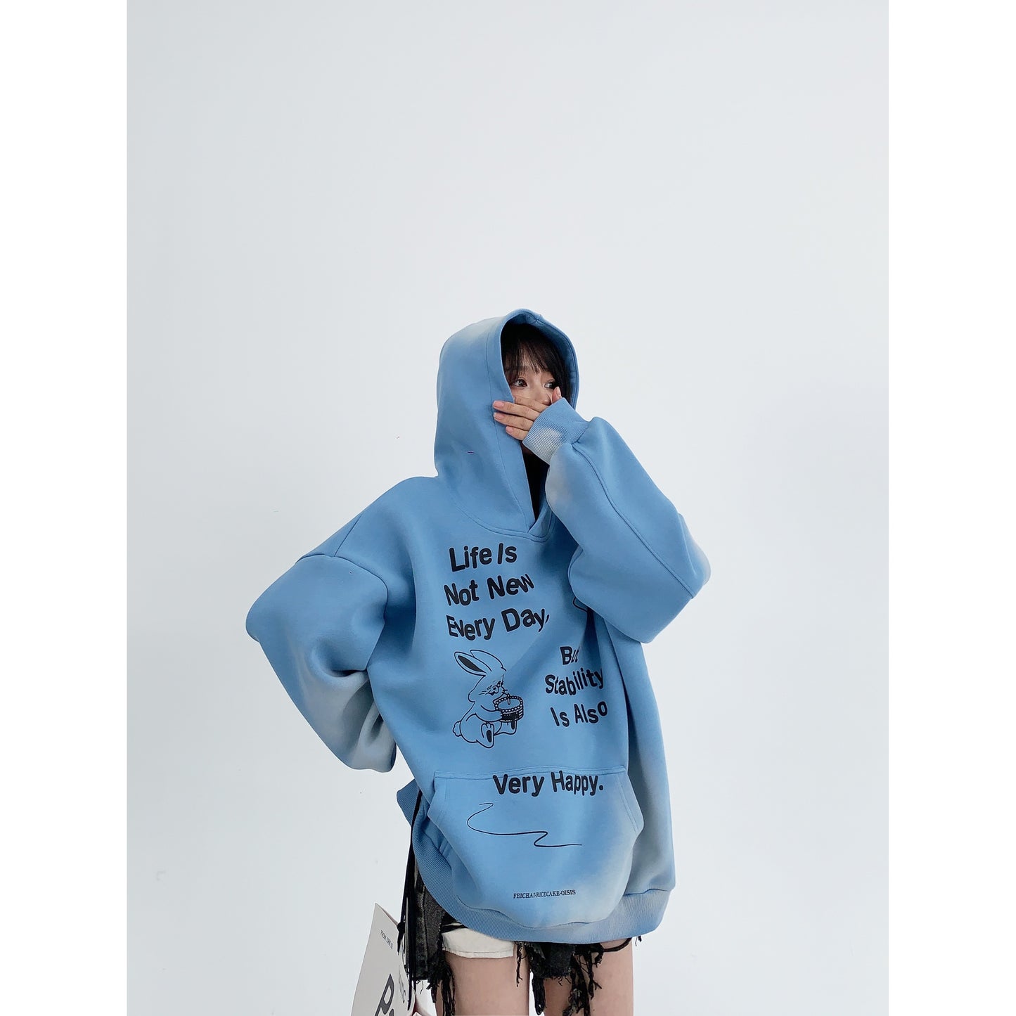 Hoodies unisex couple tops oversize distressed printed blue hooded sweatshirt for women