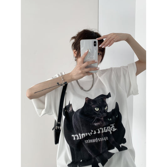 T-shirts chic summer couple t-shirt loose heavy black cat print short-sleeved women and men top