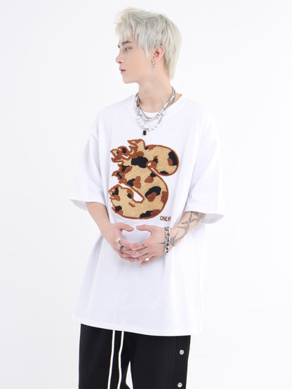 Flocked Leopard Short Sleeve Homemade Embroidery T-shirt Men and Women Fashion