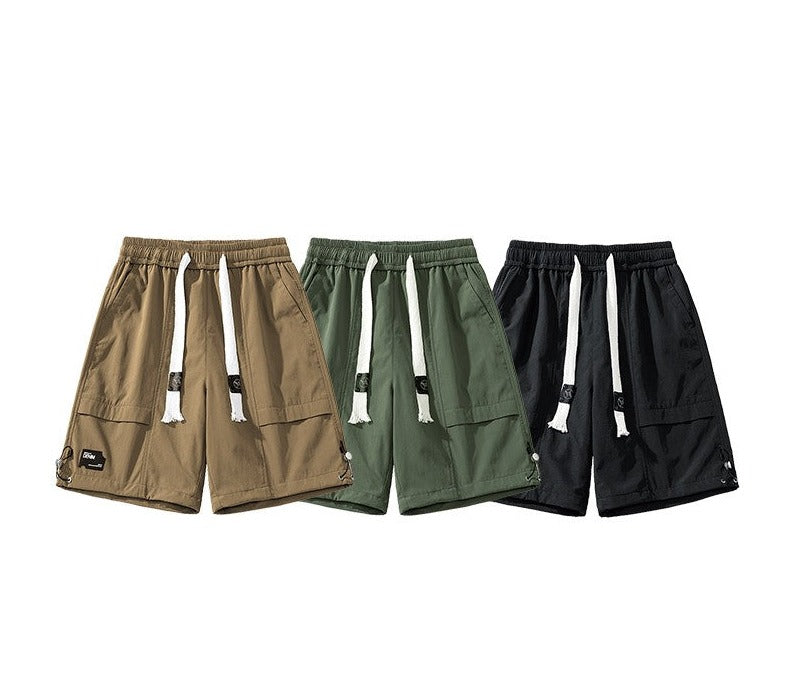 Elastic waist drawstring shorts for men outdoor workwear straight-leg loose pants