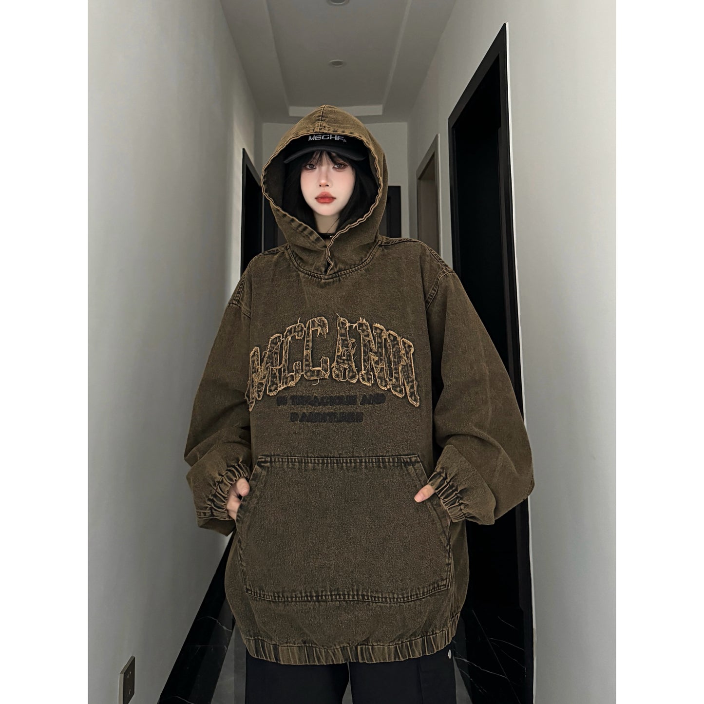 Washed and distressed heavy hooded sweatshirt