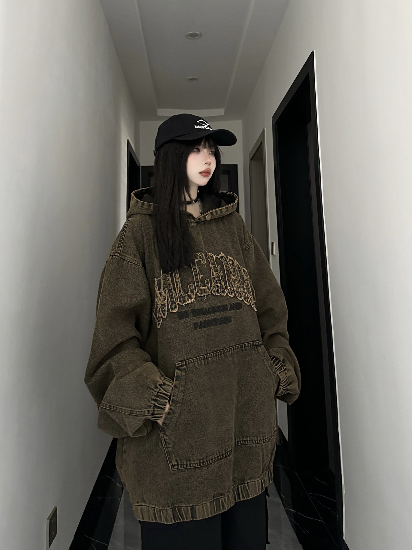 Washed and distressed heavy hooded sweatshirt