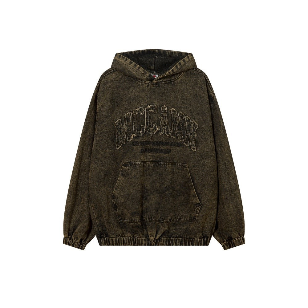 Washed and distressed heavy hooded sweatshirt