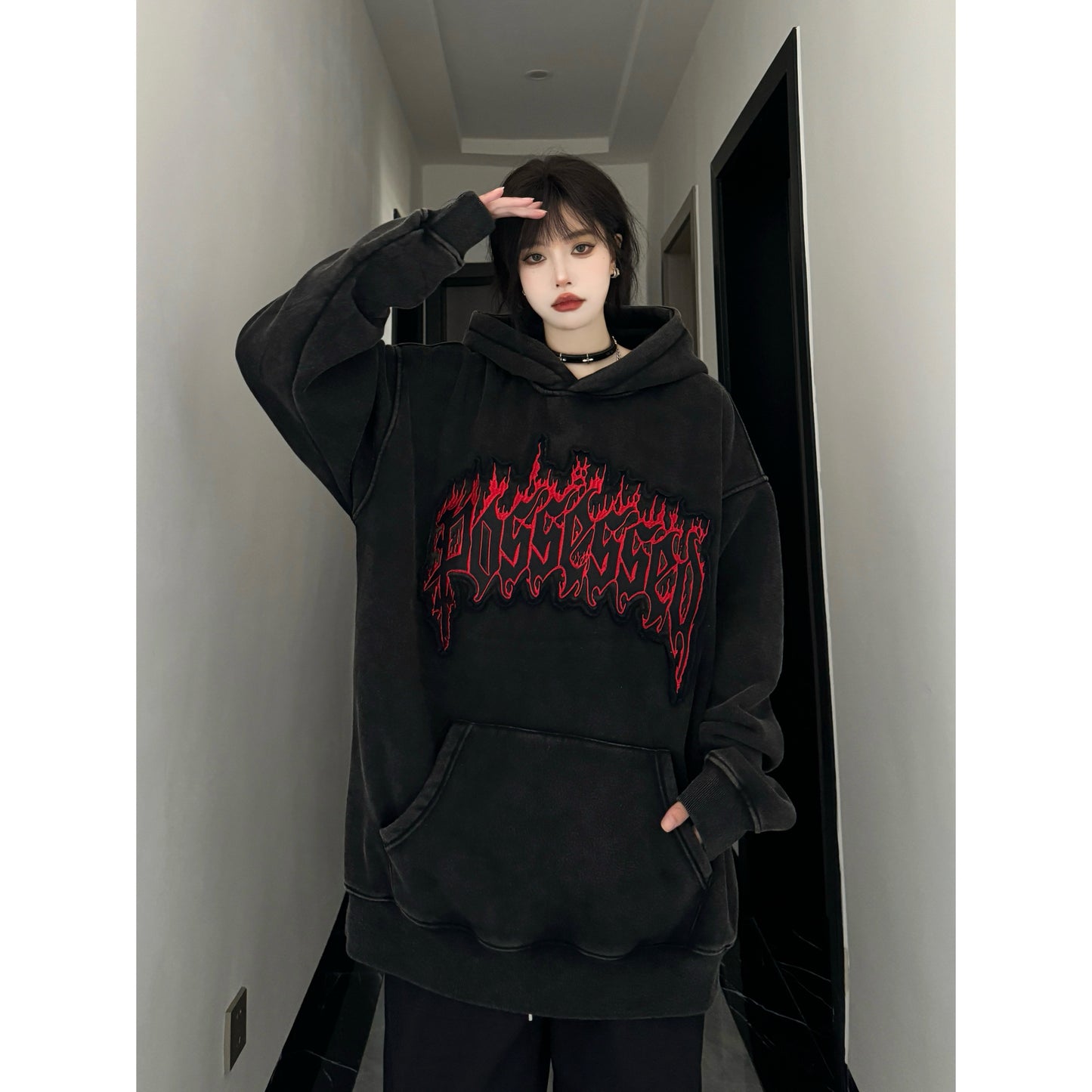 Flame Letter Embroidery Washed Hooded Sweater for Men and Women