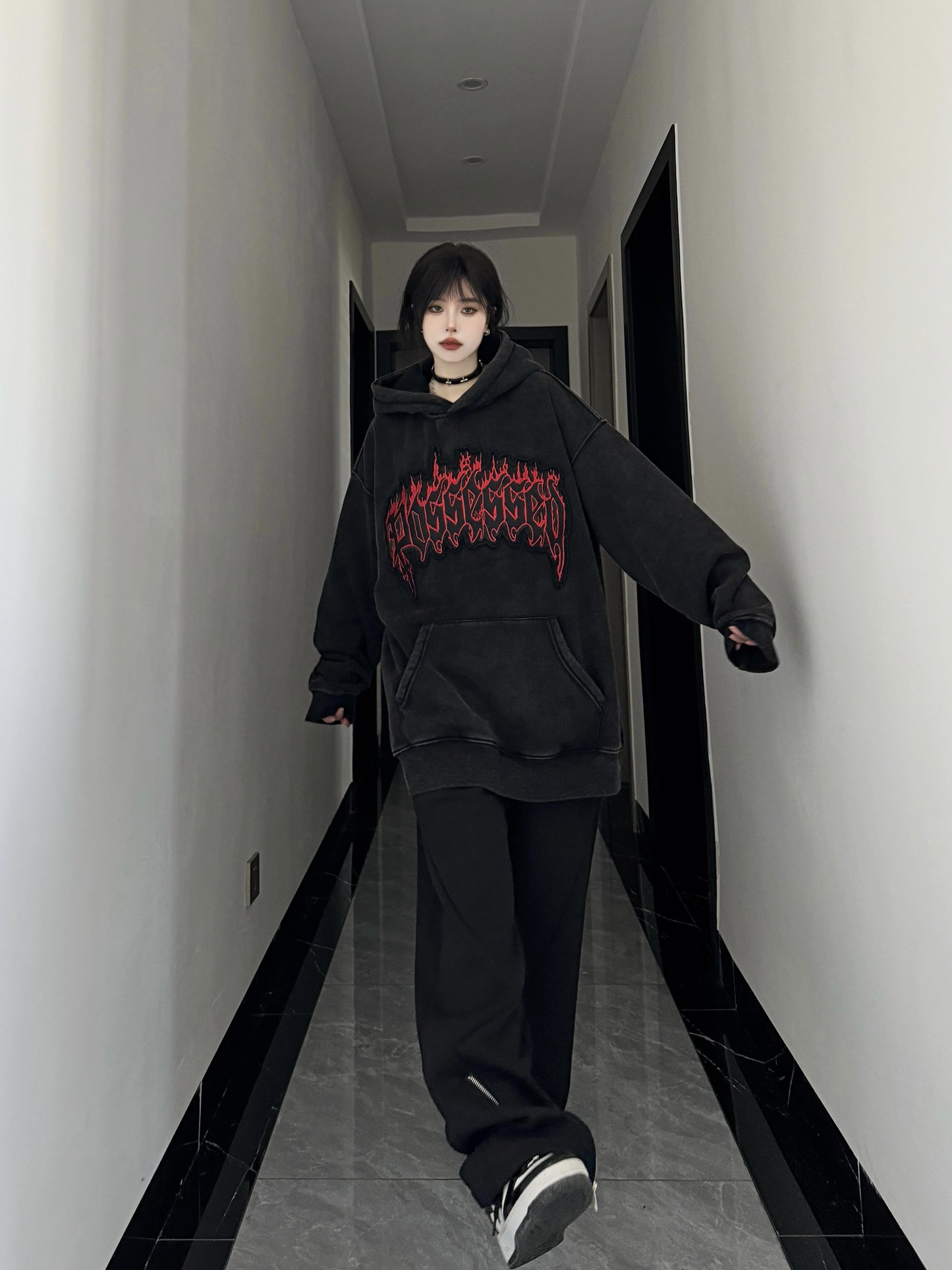 Flame Letter Embroidery Washed Hooded Sweater for Men and Women