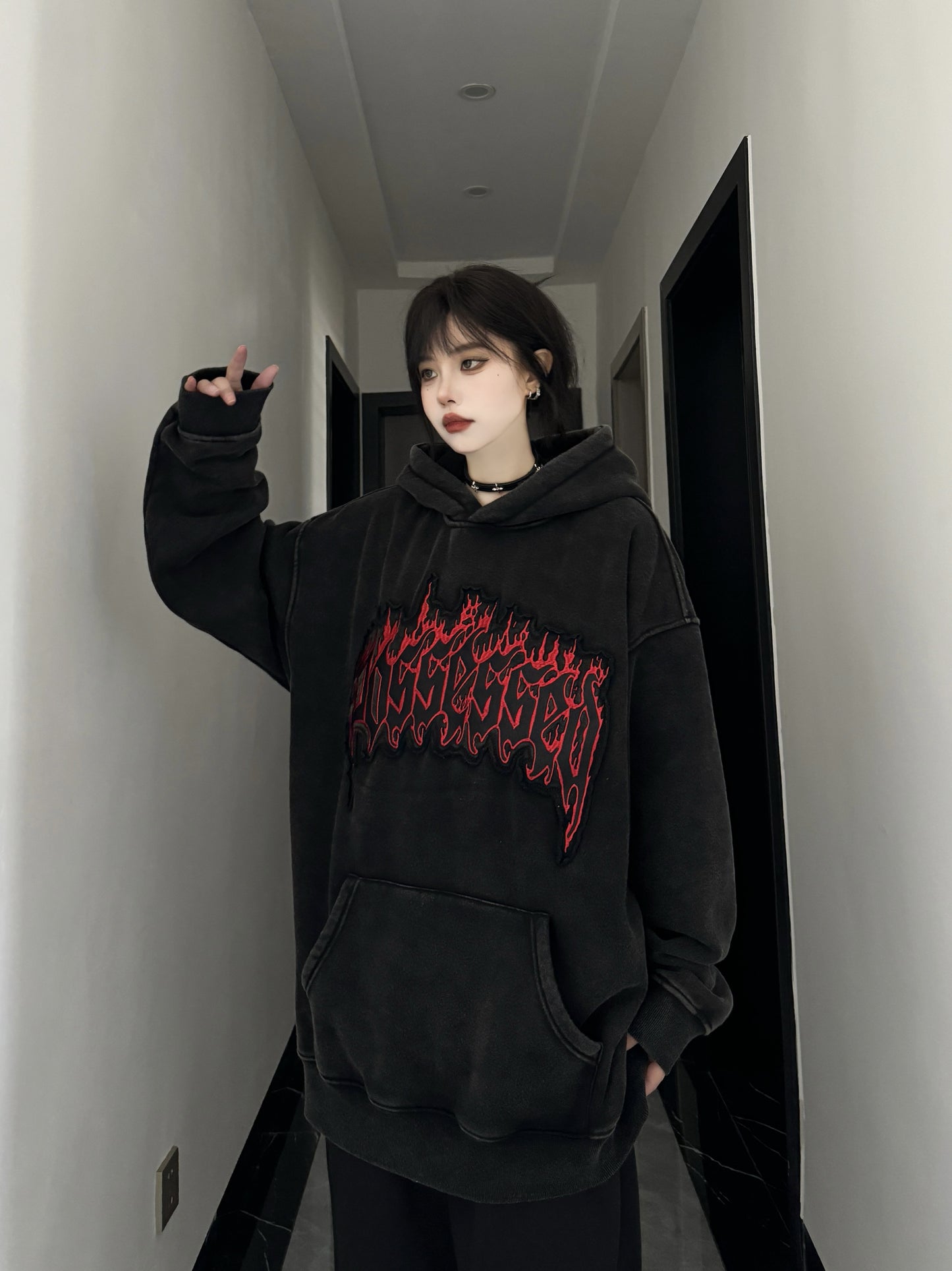 Flame Letter Embroidery Washed Hooded Sweater for Men and Women