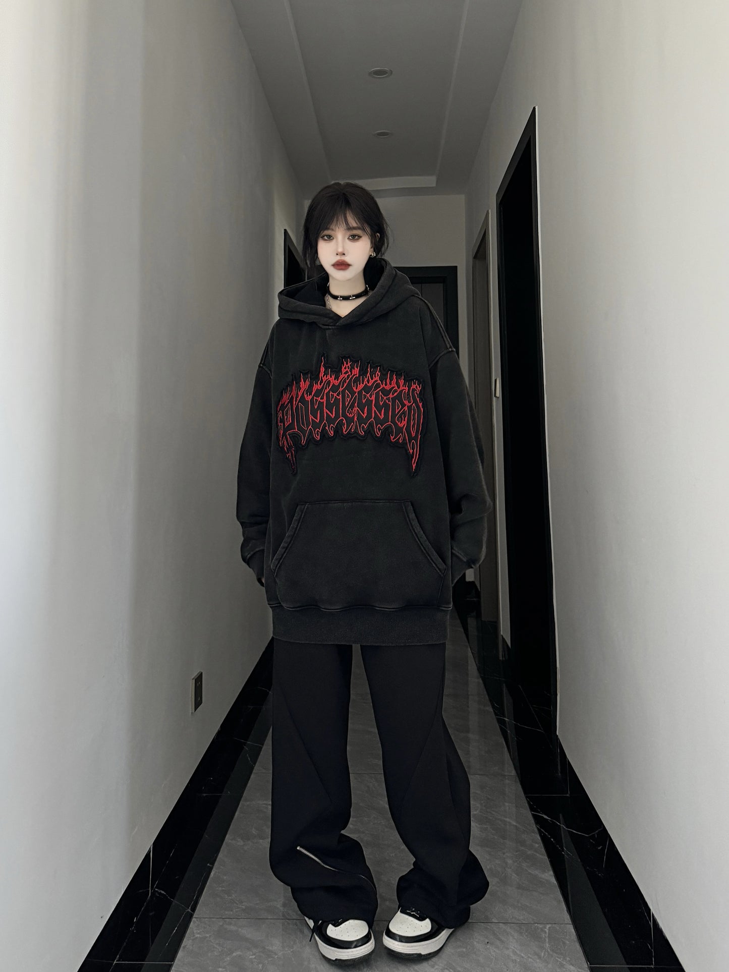 Flame Letter Embroidery Washed Hooded Sweater for Men and Women