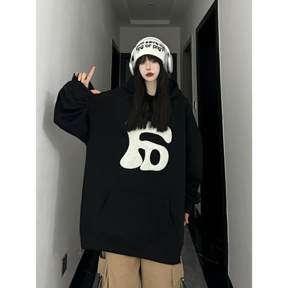 Unisex flocked letter long-sleeved hooded sweatshirt loose couple tops