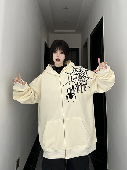 Unisex spider embroidery zipper hooded sweatshirt autumn cardigan hoodie jacket