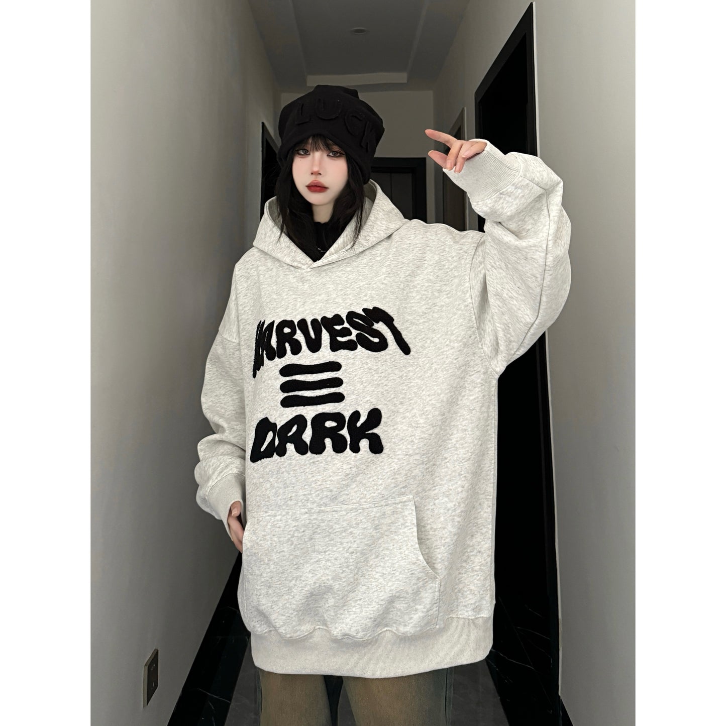 Unisex embroidered letter print hooded sweatshirt street hip-hop couple tops