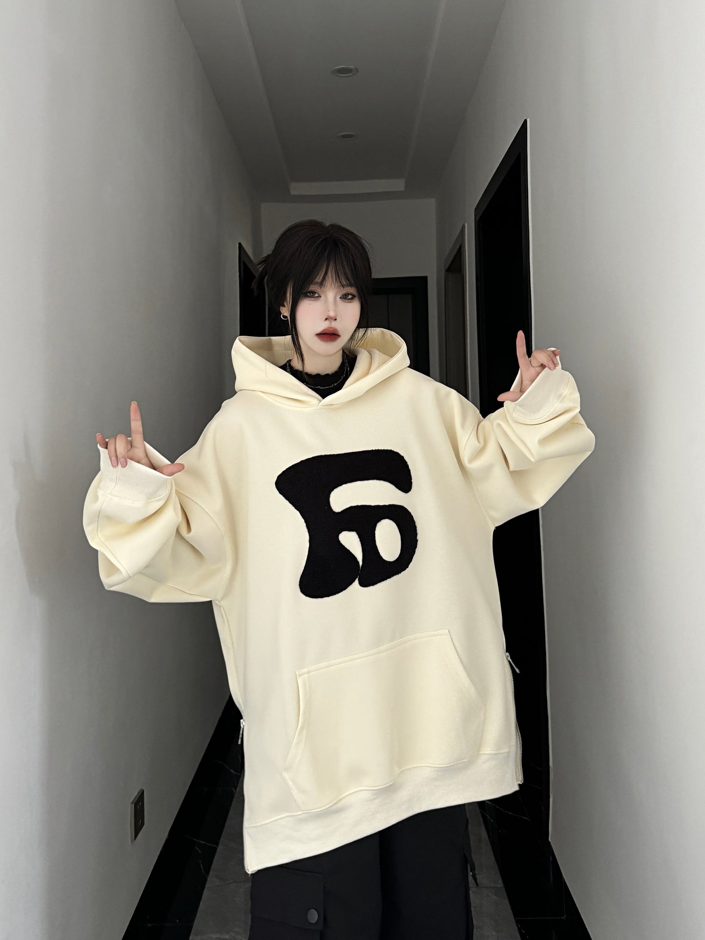 Unisex flocked letter long-sleeved hooded sweatshirt loose couple tops