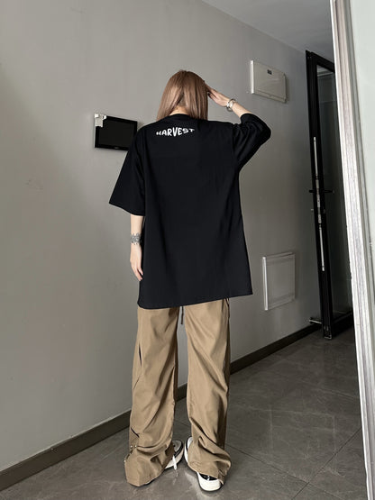 Flocked letter short-sleeved T-shirt oversize loose men and women wear