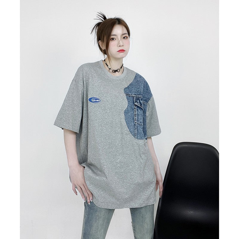 Denim stitching T-shirt for men and women summer loose tops