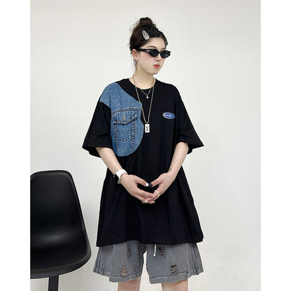 Denim stitching T-shirt for men and women summer loose tops