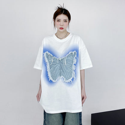 T-shirts street raw edge butterfly patch short-sleeved T-shirt summer couple wear