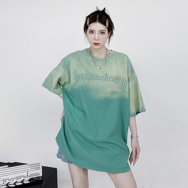 Embroidery camicia distressed washed gradient short-sleeved T-shirt