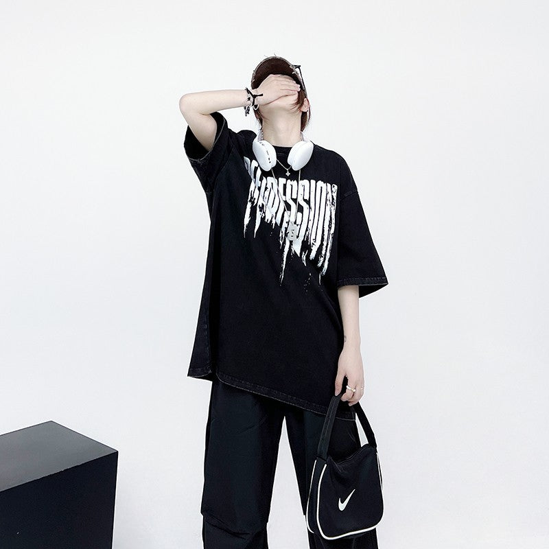 Oversized t-shirts dissolved letter print summer street hip-hop loose top