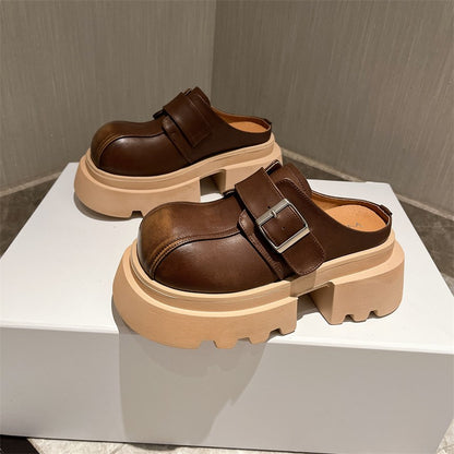 Genuine leather metal buckle thick sole women's sandals slippers