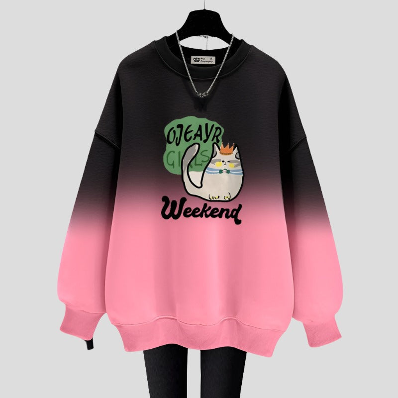 Gradient round neck hoodie women plush loose fitting mid length top