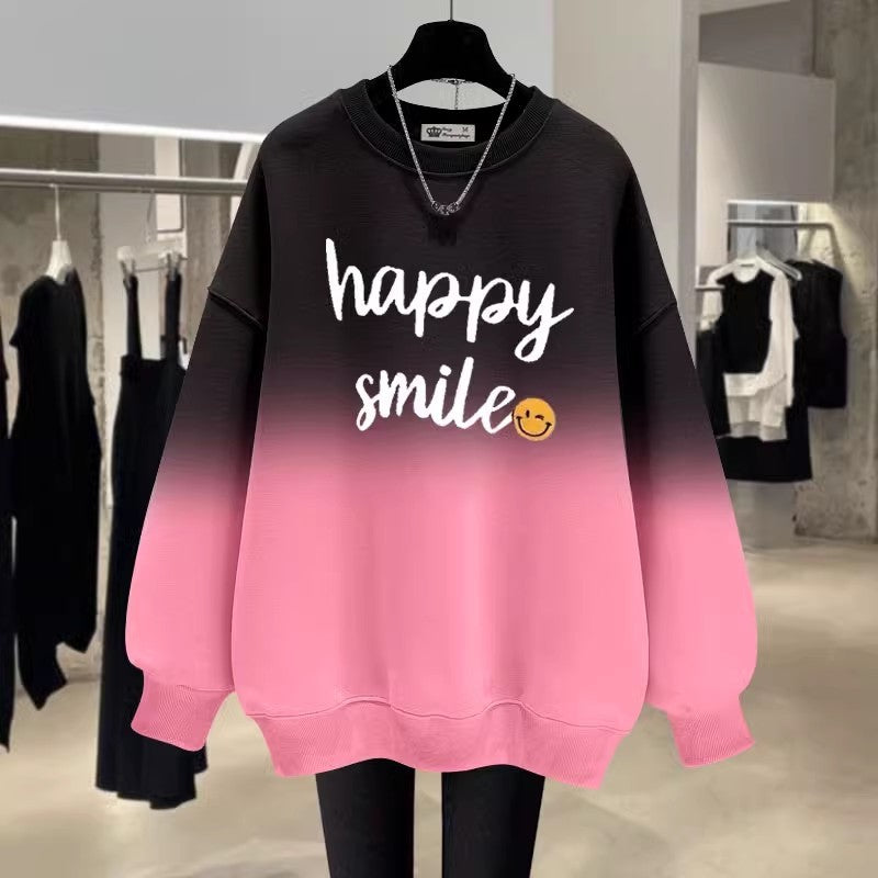 Sweatshirts women velvet loose smiling face letter mid-length top