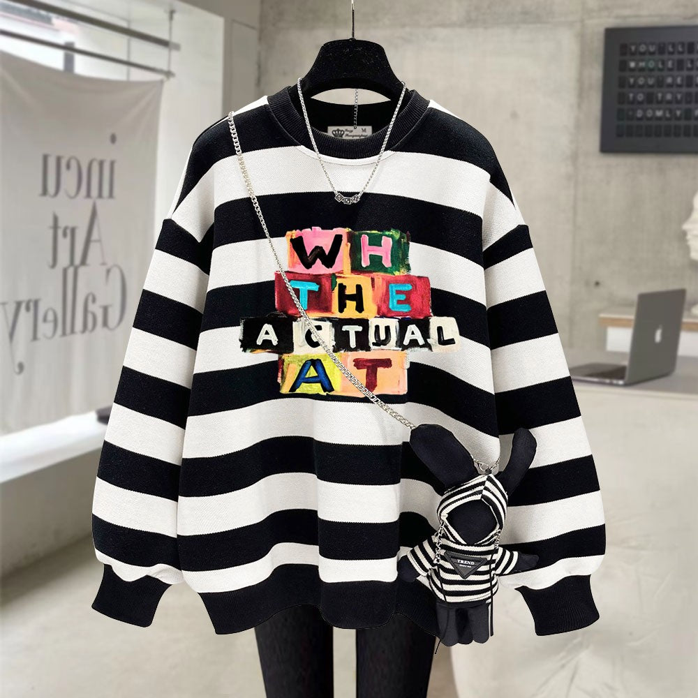 Black and white striped sweatshirt women mid-length top