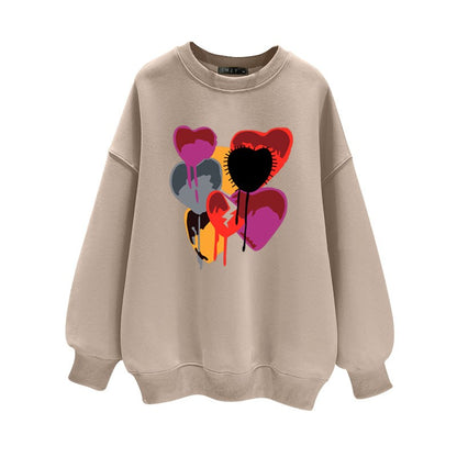 Milk tea color round neck sweatshirt women loose mid-length top