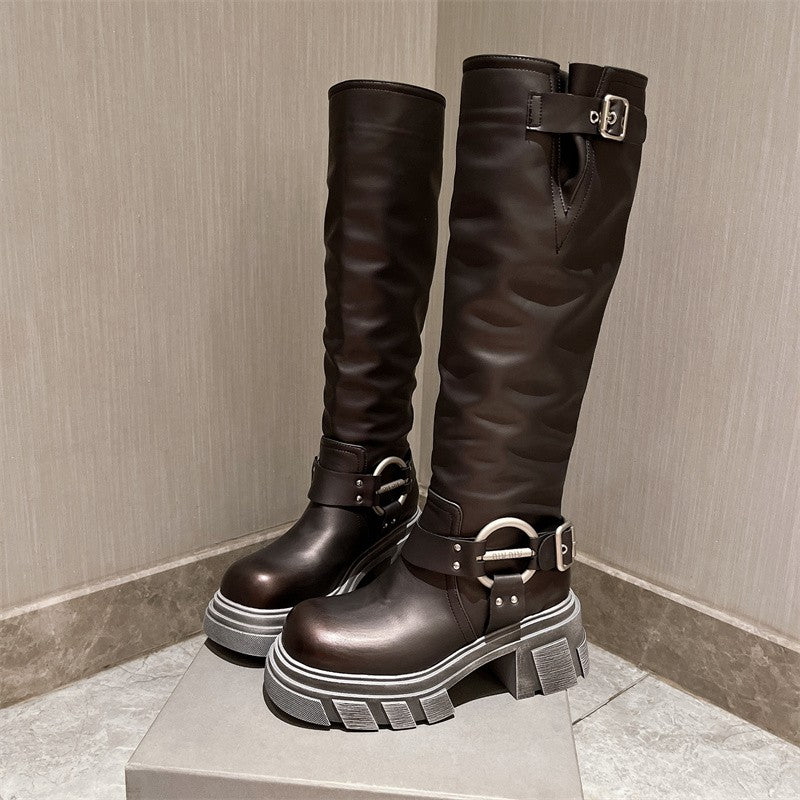 Brown cowboy boots pleated metal buckle knee boots