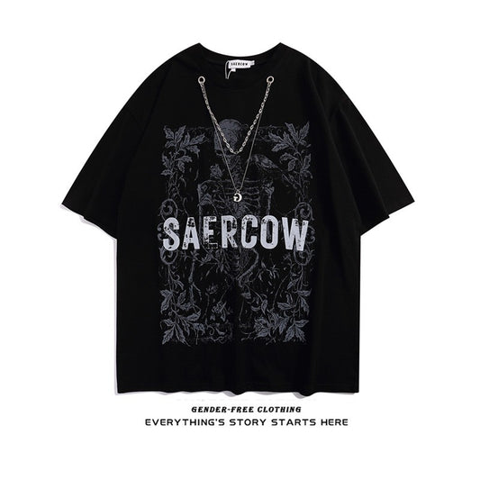 Big dark T-shirt necklace included skull print street short-sleeved loose unisex hip hop