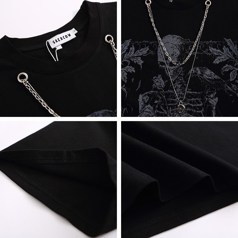 Big dark T-shirt necklace included skull print street short-sleeved loose unisex hip hop