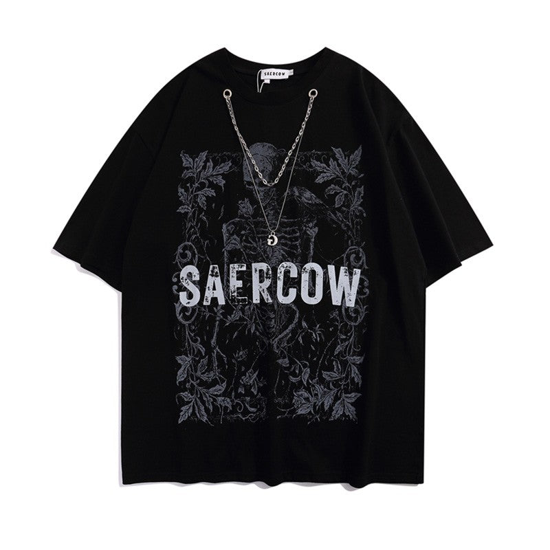 Big dark T-shirt necklace included skull print street short-sleeved loose unisex hip hop