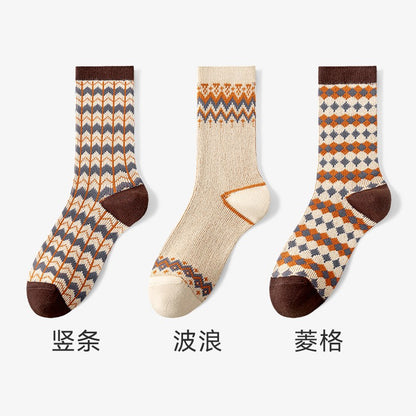 Catman socks women's mid-tube cotton socks autumn and winter ethnic style double needle long socks