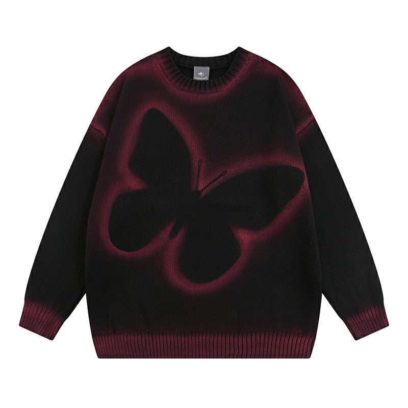 Butterfly painted spray unisex graffiti round neck sweater loose knitted top