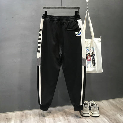 Strip side patchwork sports pants with drawstring