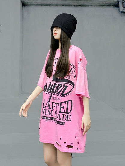 Summer Pink Hip Hop Breakthrough Mid length T-shirt Women's Top