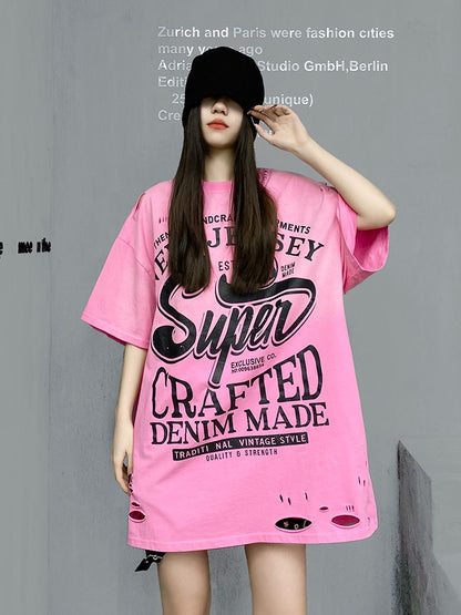 Summer Pink Hip Hop Breakthrough Mid length T-shirt Women's Top