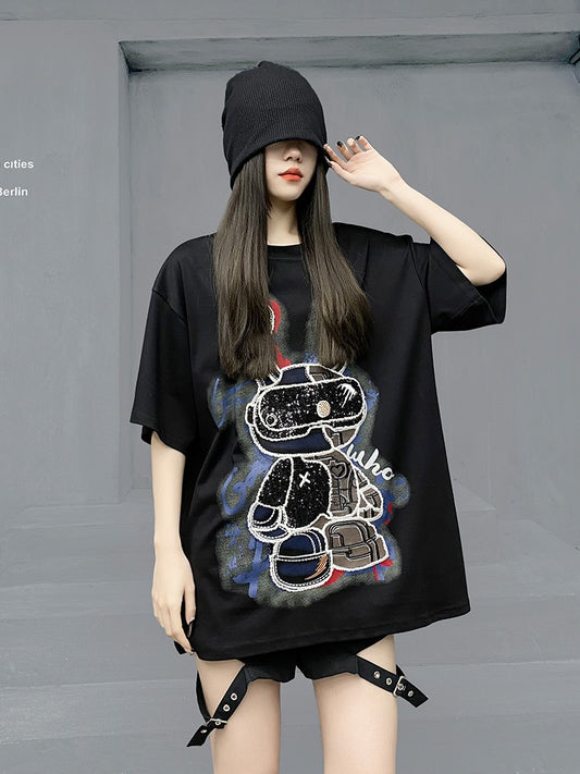 Unisex Summer Black Hip Hop Casual Cartoon T-shirt Half sleeved Top