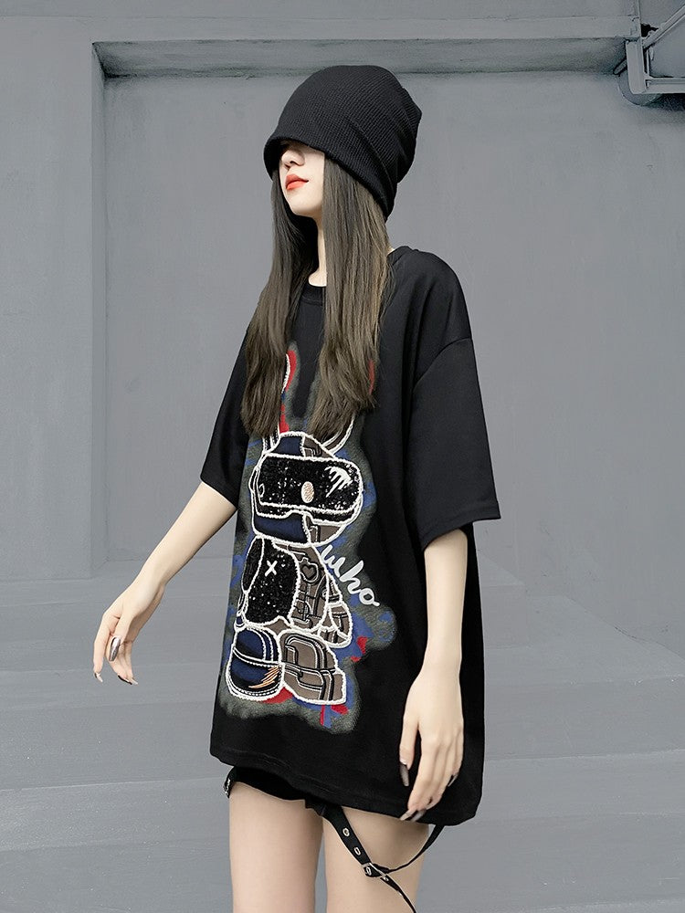 Unisex Summer Black Hip Hop Casual Cartoon T-shirt Half sleeved Top