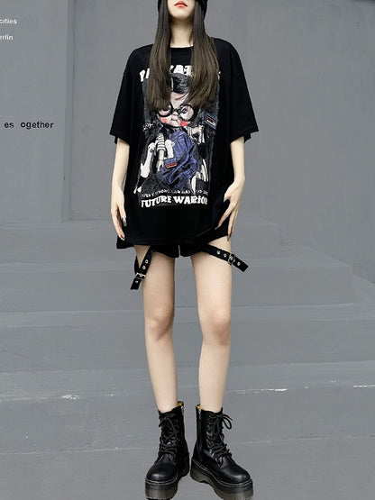 Black Hip Hop Casual Cartoon T-shirt Short sleeved Women's Summer Top