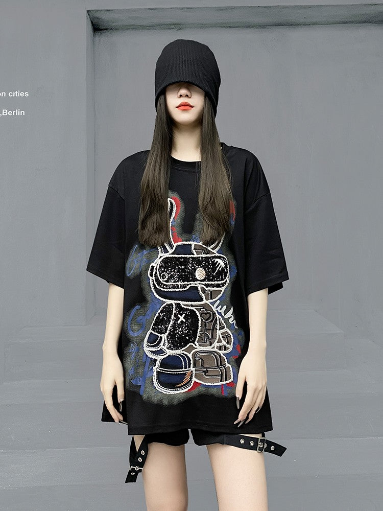 Unisex Summer Black Hip Hop Casual Cartoon T-shirt Half sleeved Top