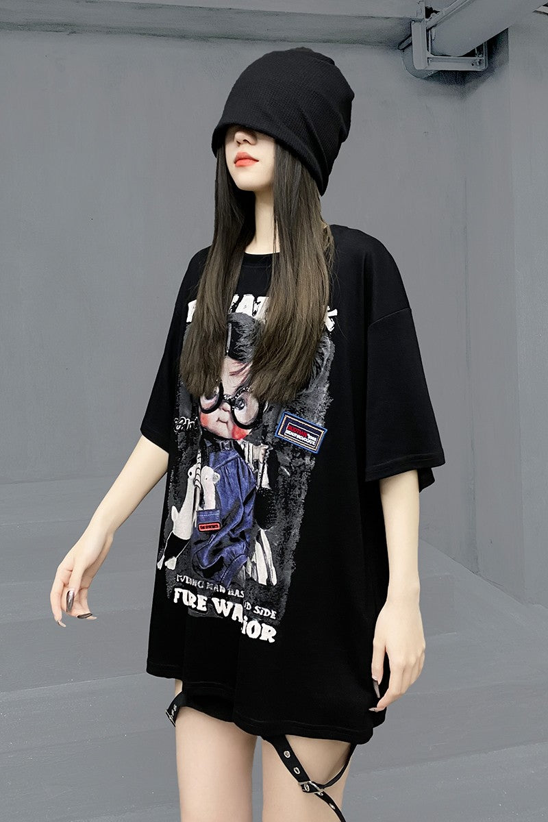 Black Hip Hop Casual Cartoon T-shirt Short sleeved Women's Summer Top