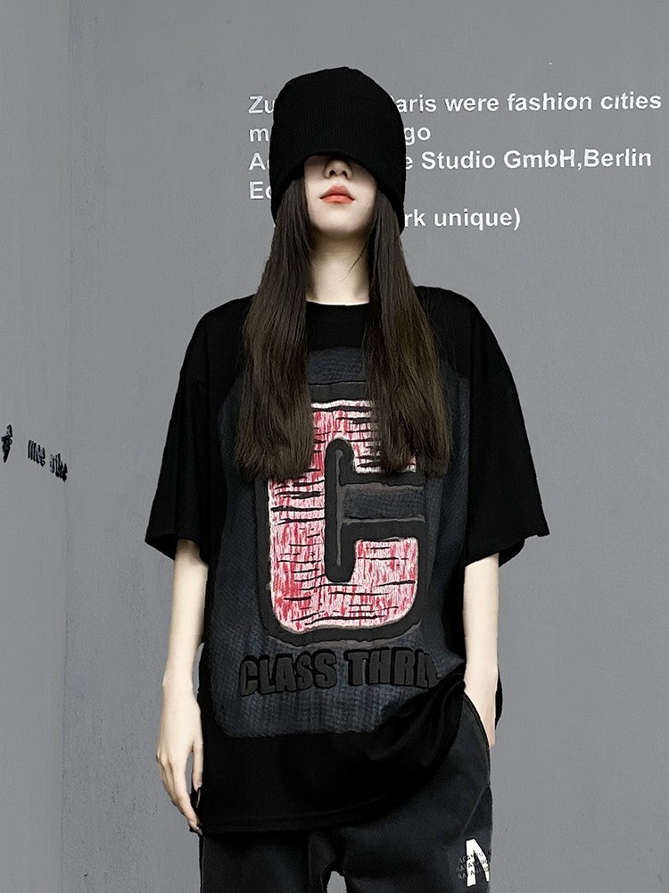 Unisex Black Letter T-shirt Women's Summer Top Loose