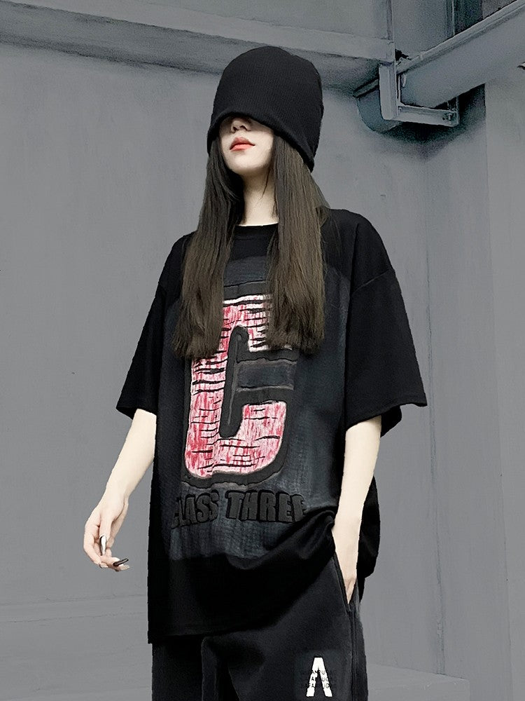 Unisex Black Letter T-shirt Women's Summer Top Loose