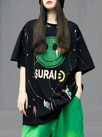 Camicia Summer Black Hip Hop Casual Smiling Face T-shirt Top