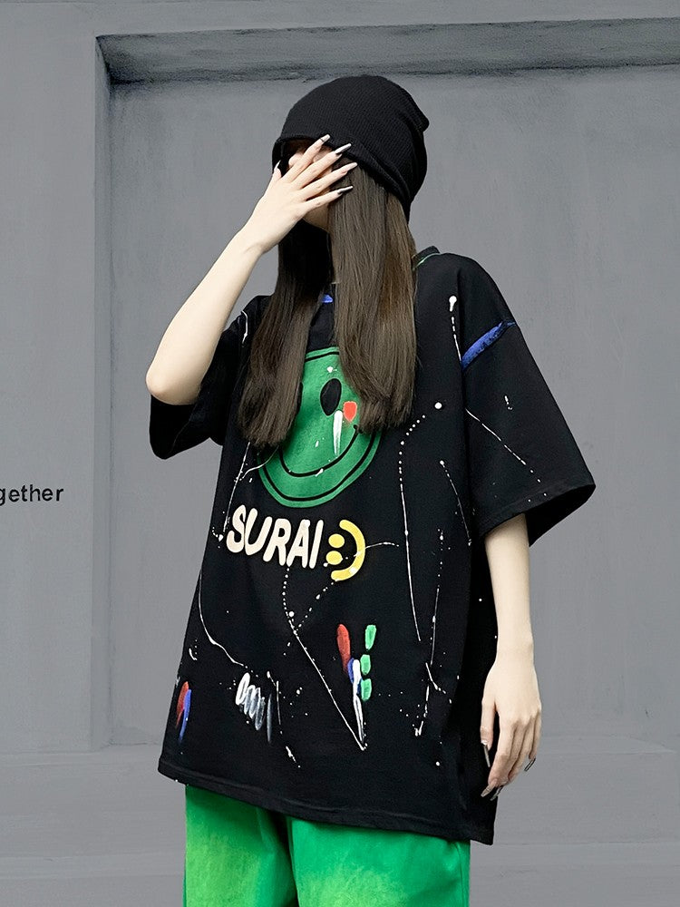 Camicia Summer Black Hip Hop Casual Smiling Face T-shirt Top