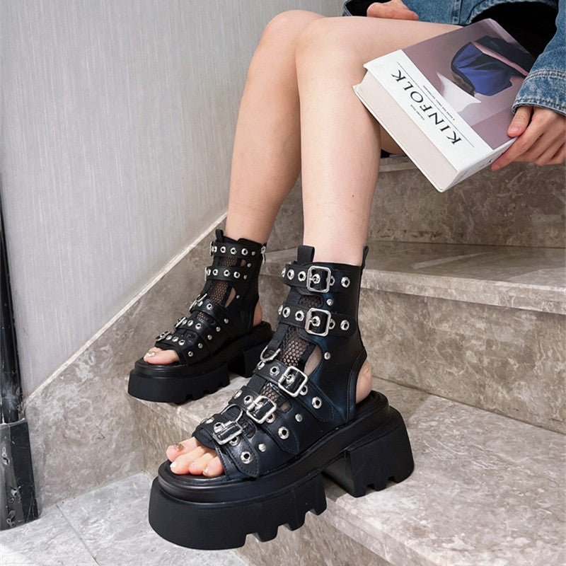 Gladiator sandals leather metal buckle heightening knight boots for summer new open toe boots women's hollow Martin boots