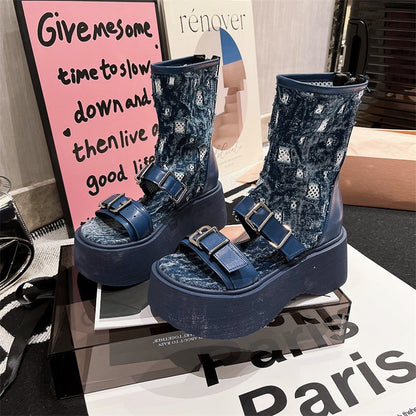 Women denim open toed sandal boots for women summer shoe