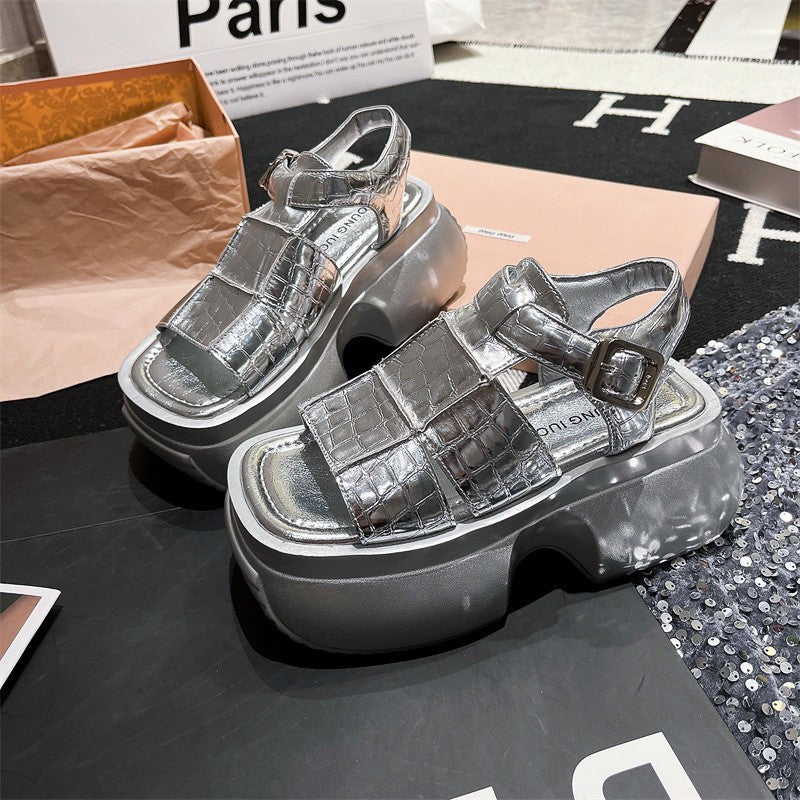 Summer Women Silver Coarse Heel High Heel Open Toe Sandals