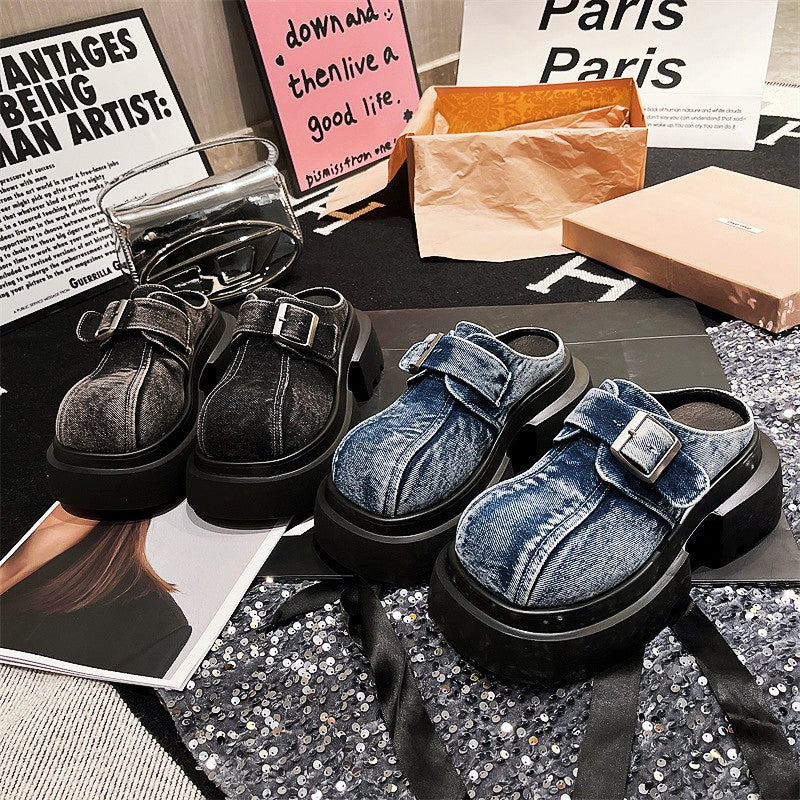 Belt buckle denim platform thick sole big slip-on slippers sandals